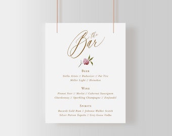 Bar Menu Sign, Printable Colorful Floral Wedding Sign Template, Editable Elegant Sign, Classic Gold Sign 8x10