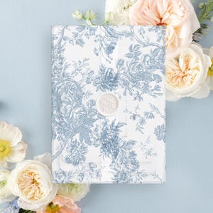 French Blue Toile Vellum Wrap - Vintage Floral Wedding Invitation Jacket | A7 Printed Wrap for Elegant Stationery | Classic Design