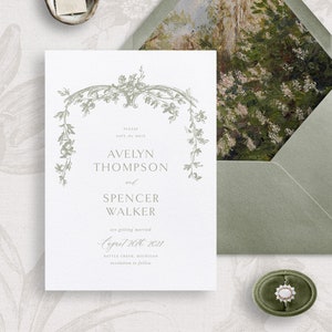 Plantilla imprimible para guardar la fecha de boda con adornos de salvia francesa, tarjeta STD vintage editable, anuncio de fecha de boda, Avelyn