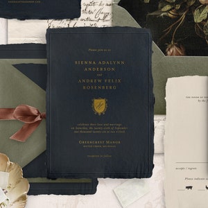 Ensemble de modèles imprimables sombres de faire-part de mariage de Style universitaire, invitations de mariage littéraires modifiables, cartes RSVP de détails de mariage de mauvaise humeur