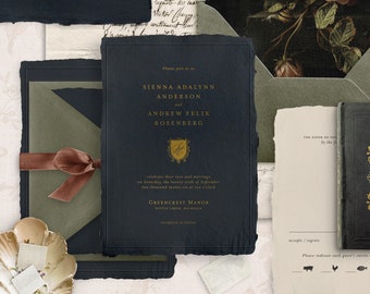 Printable Dark Academia Style Wedding Invitation Template Set, Editable Literary Wedding Invites, Moody Wedding Details RSVP Cards