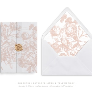 Farblich anpassbare und druckbare Hochzeits-Vellumverpackung und Umschlagfutter für 5x7-Hochzeitseinladungen Mini Bundle, Rosengravur