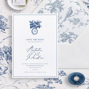 Printable Wedding Save the Date Template in Blue and White, Editable Vintage STD Card, Wedding Date Announcement, Delft Blue Chinoiserie