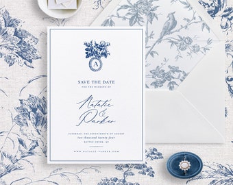 Printable Wedding Save the Date Template in Blue and White, Editable Vintage STD Card, Wedding Date Announcement, Delft Blue Chinoiserie