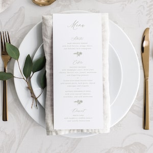 Afdrukbare kaartsjabloon bruiloftsmenu met Franse salie-ornamenten, bewerkbare elegante klassieke diner- en drankjebuffettafelmenu's, Avelyn