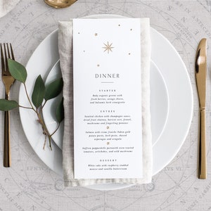 Plantilla imprimible de menú de boda celestial vintage con luna dorada y estrellas. Menús de mesa de buffet de bebidas y cena clásicos, elegantes y editables.
