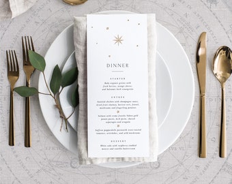 Printable Vintage Celestial Wedding Menu Card Template with Gold Moon & Stars, Editable Elegant Classic Dinner Drink Buffet Table Menus