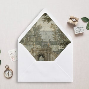 Druckbare Umschlag Liner, A7, Euro Klappe, Quadratische Klappe, 6.5 Quadrat, A6, 5,75 Quadrat, 4 Stange, 4 Stange für 5x7 Hochzeitseinladungen, Schlossgarten