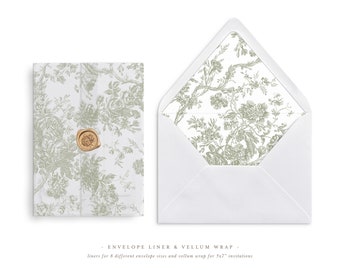 Printable Wedding Vellum Wrap and Envelope Liner for 5x7 Wedding Invitations Mini Bundle, French Toile Sage Design