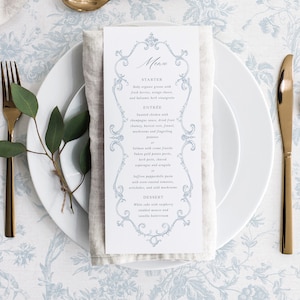Modèle de carte de menu de mariage imprimable avec cadre victorien, menus modifiables de table de buffet de dîner classique vintage, ornements bleus