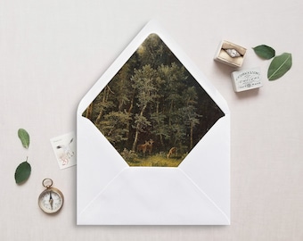 Printable Envelope Liner, A7, Euro Flap, Square Flap, Floral Still Life Envelope Liner for 5x7 Wedding Invitations, Deer at the Forest