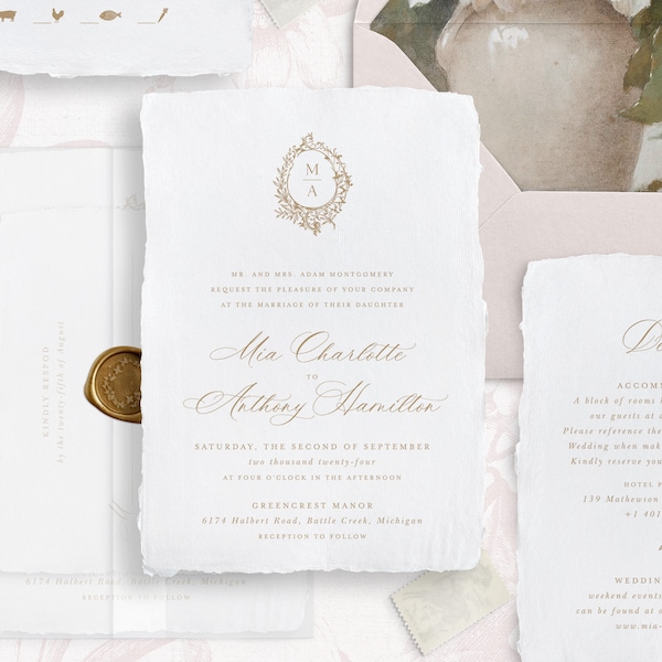 Set di modelli di invito per matrimonio stampabile con stemma monogramma dorato, inviti eleganti modificabili, dettagli del matrimonio classico, biglietti RSVP, Mia