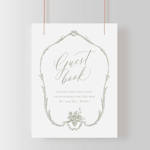 Guestbook Sign, Printable French Ornaments Wedding Sign Template with Sage Foliage, Editable Elegant Sign 8x10, Avelyn