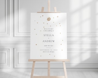 Plantilla de signo de bienvenida de boda celestial vintage imprimible con luna y estrellas doradas, signo grande clásico elegante editable 24x36, signo 18x24