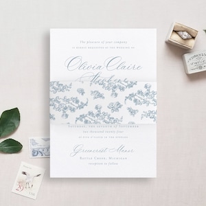Modello di fascia addominale personalizzabile a colori per biglietti da 5x7", fascia addominale stampabile per inviti di nozze con motivo di rose francesi