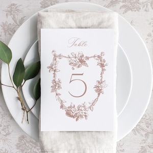 Druckbare Hochzeit Tischnummern Vorlage mit französischen Rosen, bearbeitbare Vintage kleine Tischschild Karten, Dusty Rose Tischnummer, Emma