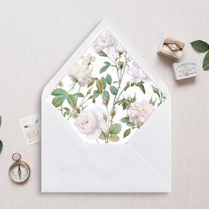 Vintage weiße Rosen Umschlag Liner, A7 zum selbst ausdrucken, Euro Flap, Square Flap, 4 Bar, 4 Bar für 5x7 Hochzeitseinladungen