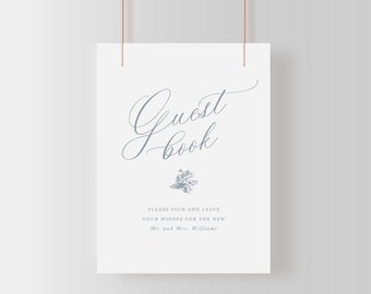 Guestbook Sign, Printable French Roses Wedding Sign Template with Dusty Blue Roses, Editable Elegant Sign 8x10 | Emma