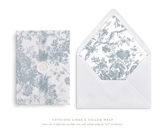 Printable Wedding Vellum Wrap and Envelope Liner for 5x7 Wedding Invitations Mini Bundle, Toile Dusty Blue Design