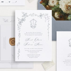 Printable Wedding Invitation Template Set with Tiny Floral Frame & Crest, Editable Elegant Invites, Wedding Details RSVP Cards, Slate