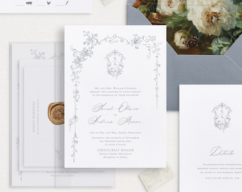 Printable Wedding Invitation Template Set with Tiny Floral Frame & Crest, Editable Elegant Invites, Wedding Details RSVP Cards, Slate