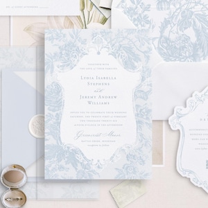 Druckbare Hochzeitseinladungsvorlage mit blauem Blumen-Toile-Muster, bearbeitbare Hochzeitseinladung mit Umschlag, Details und Antwortkarten