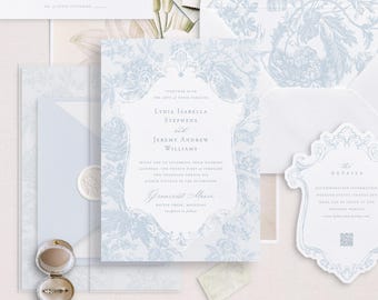 Printable Wedding Invitation Template Set with Blue Floral Toile Pattern, Editable Wedding Invites with Envelope Liner, Details & RSVP Cards