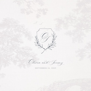 Monograma nupcial con diseño de ramas frondosas, logotipo de boda con arte lineal y hojas