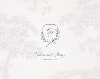 Leafy Branch Wedding Monogram Crest, Line Art Wedding Logo with Leaves