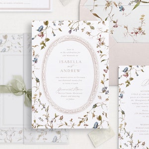 Druckbare kleine Blumenhochzeitseinladungsvorlage mit antikem Rahmen, bearbeitbarer Herbsthochzeit lädt ein, Details und Antwortkarten