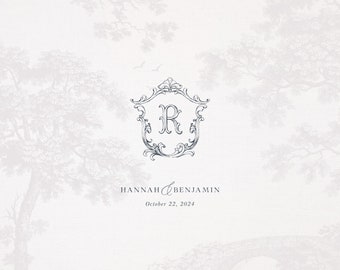 Elegant Vintage Wedding Monogram Crest, Line Art Wedding Crest with Vintage Monogram