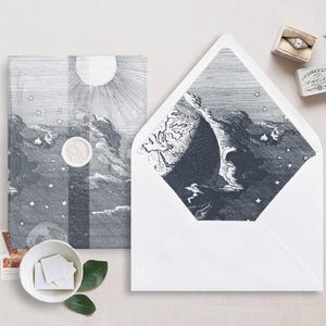 Druckbare Hochzeit Pergamin Overlay und Umschlag Liner für 5x7 Hochzeitseinladungen Mini Bundle, Vintage Celestial Theme mit Mond und Sternen