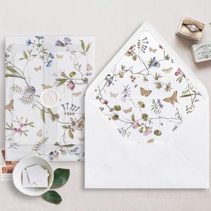 Pergamentverpackung und Umschlag für 13 x 18 Hochzeitseinladungen Mini Bundle, bunte Blumen und Schmetterlinge