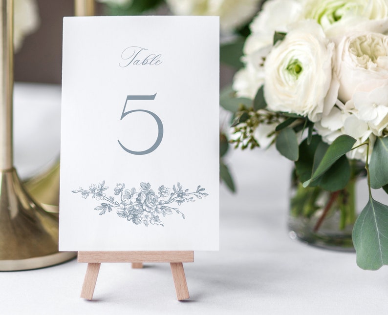 Printable Wedding Table Numbers Template with French Roses, Editable Vintage Small Table Sign Cards, Dusty Blue Table Number, Emma image 2