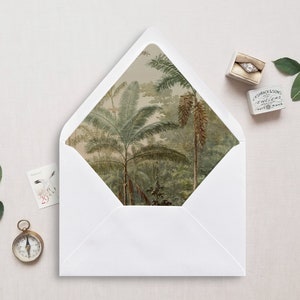 Afdrukbare envelopvoering, A7, euroflap, vierkante flap, tropische envelopvoering voor 5 x 7 trouwkaarten, tropisch bos