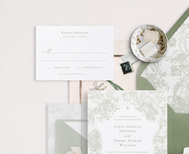 May include: A white wedding invitation with a green floral pattern. The invitation includes the names Lydia Isabella Stephens and Jeremy Andrew Williams, and the text "Together with the love of their families, invite you to celebrate their wedding."
