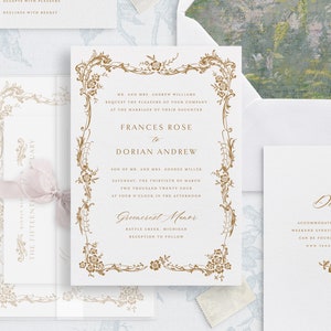 Printable Wedding Invitation Template Set with Gold Filigree Frame, Editable Elegant Invites, Classic Wedding Details RSVP Cards | FF