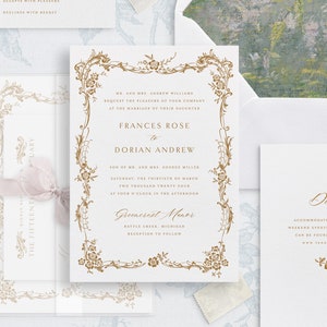 Set di modelli di invito a nozze stampabili con cornice in filigrana dorata, inviti eleganti modificabili, dettagli del matrimonio classico Carte RSVP / FF