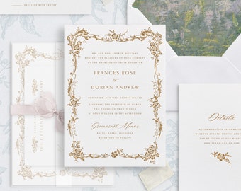 Set di modelli di inviti di nozze stampabili con cornice in filigrana dorata, inviti eleganti modificabili, dettagli di nozze classici, biglietti RSVP / FF