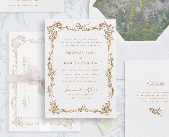 Printable Wedding Invitation Template Set with Gold Filigree Frame Editable Elegant Invites Classic Wedding Details RSVP Cards FF