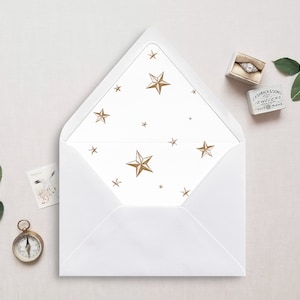 Celestial Umschlag Liner, A7 zum selbst Ausdrucken, Euro Flap, Square Flap, 4 Bar für 5x7 Hochzeitseinladungen, Gold Stars