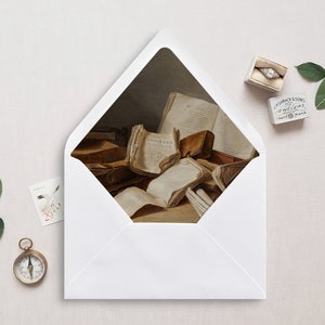 Umschlag Liner A7, Euro Flap, Square Flap, 6.5 Square, A6, 5.75 Square 4 Bar für 5x7 Hochzeitseinladungen, Kunstdruck Alte Bücher