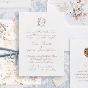 Set di modelli di inviti di nozze stampabili con rose francesi, inviti classici vintage modificabili, dettagli del matrimonio e biglietti RSVP Gold Emma