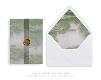 Printable Wedding Vellum Wrap and Envelope Liner for 5x7 Wedding Invitations Mini Bundle, Water Lilies Painting III.