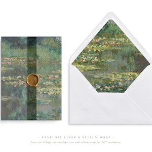 May include: Water lily print envelope liner and vellum wrap for invitations. The liner features a painting of water lilies in a pond with green foliage and a blue sky. The vellum wrap is a plain white envelope with a flap.