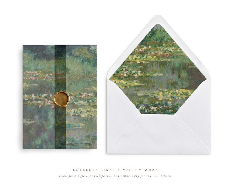 May include: Water lily print envelope liner and vellum wrap for invitations. The liner features a painting of water lilies in a pond with green foliage and a blue sky. The vellum wrap is a plain white envelope with a flap.
