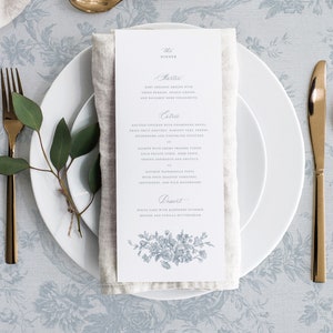 Afdrukbare kaartsjabloon bruiloftsmenu met Franse rozen, bewerkbare vintage klassiek diner en drankje buffet tafelmenu's, stoffigblauw Emma
