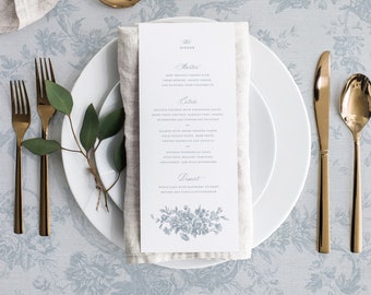 Printable Wedding Menu Card Template with French Roses, Editable Vintage Classic Dinner Drink Buffet Table Menus, Dusty Blue Emma