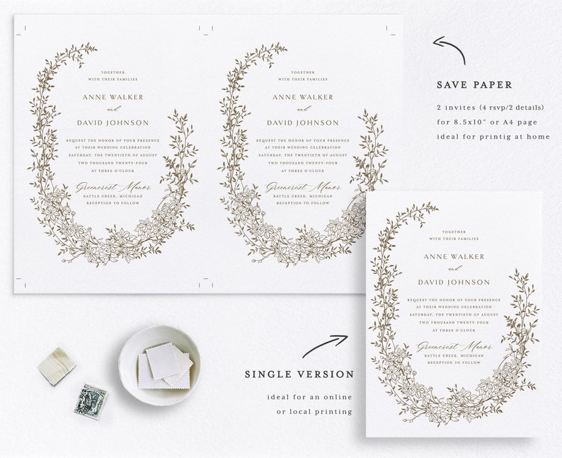 Printable Wedding Invitation Template Set with Floral Wreath, Editable Delicate Floral Invites Wedding Details and RSVP Cards Gold Botanical image 10