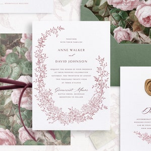 Printable Wedding Invitation Template Set with Floral Wreath, Editable Delicate Floral Invites Wedding Details and RSVP Cards Gold Botanical image 7